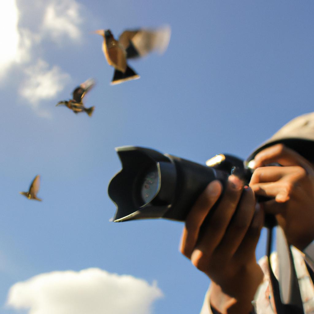 Person holding camera, capturing birds