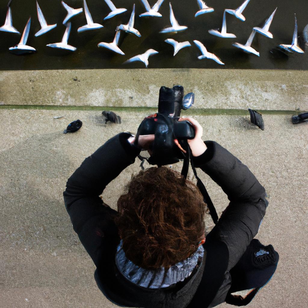 Person photographing birds with symmetry
